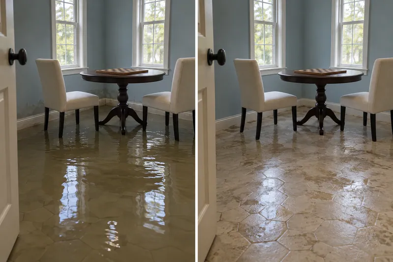 Water Extraction Near Clayton W. Chandler Park — matched before and after room with bulk water removed and dampness remaining